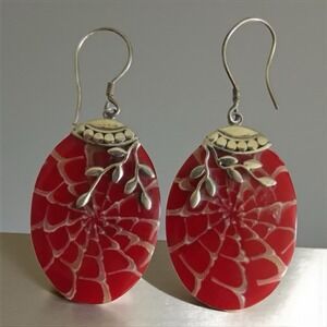 Sterling Sliver Hand Painted Sider Web Red Stone Dangle Drop Earrings‎